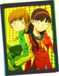  adjusting_glasses amagi_yukiko black_hair brown_eyes brown_hair cardigan ge-ha glasses grey_eyes headband long_hair multiple_girls persona persona_4 red-framed_glasses satonaka_chie short_hair smiley_face track_jacket yellow-framed_glasses 