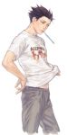  a_k_i alternate_costume black_hair blue_eyes brown_hair casual clothes_writing clothing_writing gyakuten_saiban hand_on_hip hips lowres male naruhodou_ryuuichi navel pants simple_background solo spiked_hair t-shirt text toothbrush translation_request 
