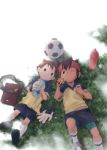  bad_id bag bottle brown_eyes brown_hair child crossover endou_mamoru gloves grass headband inazuma_eleven inazuma_eleven_(series) kai_(charcoal) lowres luke_triton lying multiple_boys professor_layton short_hair soccer_uniform water_bottle 