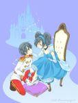  1girl black_hair castle cinderella couple disney dress drill_hair happy highres mickey_mouse minnie_mouse personification rimu_(soapy) 