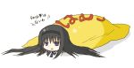  akemi_homura black_hair food futon hairband mahou_shoujo_madoka_magica omurice pun solo translated translation_request xyu 