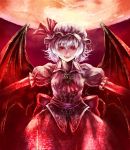  bat_wings brooch dress full_moon hat hat_ribbon jewelry lavender_hair lips moon outstretched_arms red_eyes red_sky remilia_scarlet ribbon sash short_hair sky solo spread_arms touhou wings yuumeibokumeimei 