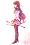  akemi_homura arrow black_hair blush bow bow_(weapon) female hair_ribbon long_hair magical_girl mahou_shoujo_madoka_magica mizuki_(flowerlanguage) open_mouth pantyhose simple_background skirt solo standing weapon 