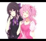  akemi_homura bad_id black_hair bow casual hair_bow kaname_madoka letterboxed long_hair mahou_shoujo_madoka_magica multiple_girls pink_hair purple_eyes sekiji_miko smile twintails violet_eyes yuutera_miko 