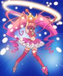  armpits arms_up blue_background blue_eyes bow brooch cure_melody curly_hair dress frills hair_ribbon highres houjou_hibiki jewelry long_hair magic magical_girl midriff miracle_belltier navel no_mouth okera pink_hair precure red_legwear ribbon shoes solo suite_precure thigh-highs thighhighs twintails wand 