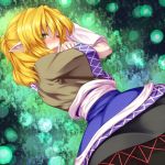 blonde_hair dress green_eyes lying mizuhashi_parsee on_side open_mouth ponytail short_hair solo tears touhou tro wink 