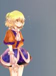  arm_warmers blonde_hair mizuhashi_parsee pointy_ears scarf short_hair short_sleeves simple_background solo touhou translated yuki_toxun 