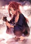  absurdres artist_request blurry blush bokeh breasts brown_eyes brown_hair camera cleavage dengeki_moeou depth_of_field face feet hands haori highres japanese_clothes kimono kurumi_(kantoku) long_hair looking_at_viewer onsen original sandals smile solo squatting vania600 yukata 