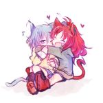  2girls blue_eyes blue_hair blush boots casual cat_ears cat_tail closed_eyes cuddle embarrassed eyes_closed fang footwear hair_bow happy heart hearts hug jacket kemonomimi_mode long_hair lowres mahou_shoujo_madoka_magica miki_sayaka mizuki_(flowerlanguage) multiple_girls one_eye_closed open_mouth ponytail red_hair redhead sakura_kyouko school_uniform shoes short_hair shorts simple_background skirt socks tail wink yuri 