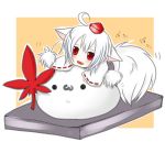  animal_ears chibi fang food hat inubashiri_momiji leaf maple_leaf mochi open_mouth red_eyes silver_hair solo tail tokin_hat tosura-ayato touhou wagashi white_hair white_shirt wolf_ears wolf_tail 