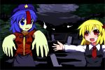  2girls blonde_hair blue_eyes blue_hair blush bow fang hair_bow hair_ribbon hat miyako_yoshika multiple_girls necktie open_mouth outstretched_arms red_eyes ribbon rumia short_hair smile star sudo_shinren touhou youkai zombie_pose 