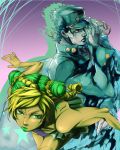  1boy 1girl blonde_hair chain double_bun father_and_daughter green_hair highres jojo_no_kimyou_na_bouken kuujou_jolyne kuujou_joutarou lipstick makeup multicolored_hair sugiyamamariko time_paradox two-tone_hair 