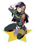  gloves grin hair_ornament kiyal kneeling lowres matsukaze_yukiji purple_hair salute smile solo star star-shaped_pupils symbol-shaped_pupils tengen_toppa_gurren-lagann tengen_toppa_gurren_lagann 