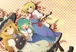  alice_margatroid aoi_(annbi) apron blonde_hair blue_eyes blush boots braid breasts capelet closed_eyes cross-laced_footwear eyes_closed frog green_hair hair_ornament hairband hat kirisame_marisa kochiya_sanae lace-up_boots long_hair multiple_girls short_hair snake touhou witch witch_hat wrist_cuffs yellow_eyes 