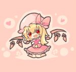  blonde_hair blush chibi dress fang flandre_scarlet hanuu_(kemomiku) hat heart kneeling open_mouth pink_dress red_eyes side_ponytail solo the_embodiment_of_scarlet_devil touhou wings 