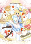  alice alice_(wonderland) alice_in_wonderland bird blonde_hair blue_eyes blush bow chicken dress galibo hair_bow highres long_hair mary_janes pantyhose shoes solo 