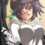  :d alternate_costume alternate_hairstyle bare_shoulders bespectacled black_hair black_wings breasts bust casual contemporary glasses hat iwanori kaenbyou_rin kaenbyou_rin_(cat) large_breasts open_mouth pink_eyes reiuji_utsuho smile solo touhou wings 