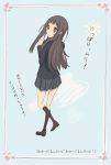  black_eyes black_hair blazer heart kneehighs long_hair looking_back original sakebuotoko school_uniform skirt solo translated 