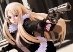  bad_id blonde_hair blue_eyes breasts center_opening cleavage dual_wielding fingerless_gloves fur gloves gun jacket left-handed long_hair open_clothes open_jacket original pistol revolver solo weapon zipper 