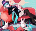  aqua_hair bunny fishnet_pantyhose fishnets hat hatsune_miku highres long_hair magician miracle_paint_(vocaloid) pantyhose project_diva rabbit sitting sound_tamashi thigh-highs thighhighs top_hat very_long_hair vocaloid 