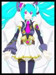  alternate_costume aqua_hair asymmetrical_clothes asymmetrical_clothing belt detached_sleeves hatsune_miku headset highres necktie pink_eyes solo teku_(the3dempire) thigh-highs thighhighs twintails vocaloid 