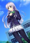  blazer blush bow braid cardigan cloud clouds dutch_angle furukawa_yui green_eyes highres legs mizuki_ame panties panties_under_pantyhose pantyhose school school_uniform silver_hair skirt sky solo underwear ushinawareta_mirai_wo_motomete 