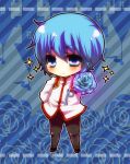  arm_behind_back blue_eyes blue_hair blue_rose blush chibi flower garuko kaoru_miki male pants rose shoujo_kakumei_utena smile solo sparkle uniform 