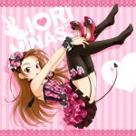  bad_id bare_shoulders black_legwear blush bow brown_eyes brown_hair demon_tail demon_wings earrings garters hair_bow high_heels idolmaster jewelry long_hair minase_iori open_mouth punto shoes shoes_off shoes_removed skirt solo tail thigh-highs thighhighs wings 