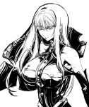  breasts female highres impossible_clothes impossible_clothing impossible_shirt ishida_akira lance large_breasts long_hair military military_uniform monochrome pole_arm polearm selvaria_bles senjou_no_valkyria senjou_no_valkyria_1 shirt silver_hair solo uniform weapon 