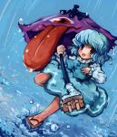  :p blue_eyes blue_hair heterochromia karakasa_obake miraitsukai rain red_eyes short_hair solo tatara_kogasa tongue touhou umbrella 