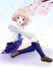  blush brown_eyes brown_hair cherry_blossoms flower footwear hair_flower hair_ornament hanasaku_iroha kneehighs matsumae_ohana open_mouth panties pantyshot pantyshot_(sitting) pantyshot_sitting petals pulling school_uniform sentape serafuku short_hair sitting smile socks solo tree underwear white_panties 