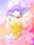  blue_eyes blush choker creamy_mami earrings hand_on_hip heart-shaped_pupils hips jewelry leotard magical_girl mahou_no_tenshi_creamy_mami microphone mokyun morisawa_yuu purple_hair short_hair smile solo sparkle star star-shaped_pupils symbol-shaped_pupils wink 