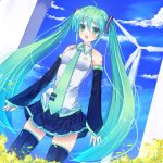  ahoge cloud clouds detached_sleeves ebicha fang green_eyes green_hair hatsune_miku highres long_hair necktie open_mouth skirt sky solo thigh-highs thighhighs twintails very_long_hair vocaloid wind_turbine windmill 