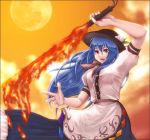 bad_hands blue_hair cloud clouds flaming_sword food food_themed_clothes fruit full_moon hat hinanawi_tenshi imo_whitemilk long_hair long_skirt moon orange_eyes peach skirt solo sword sword_of_hisou touhou very_long_hair weapon wind