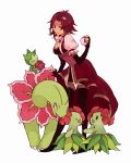  1girl bellossom black_legwear breasts choker cleavage corset crossover dress hair_ornament holding holding_poke_ball izayoi_aki jewelry juliet_sleeves kurosuke_(clock23) leggings long_sleeves meganium necklace pink_eyes pink_hair poke_ball pokemon pokemon_(creature) puffy_sleeves red_eyes red_hair roselia short_hair simple_background smile thigh-highs white_background yu-gi-oh! yuu-gi-ou yuu-gi-ou_5d&#039;s 