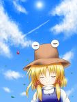  balloon blonde_hair blue_dress blue_sky bust closed_eyes cloud clouds condensation_trail contrail dress eyes_closed hair_ribbon leaf moriya_suwako osashin_(osada) ribbon shin_osada shirt sky smile solo sun touhou turtleneck white_shirt 