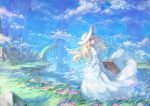  blonde_hair blue_eyes cloud clouds dress flower hat landscape long_hair looking_back original solo suitcase tori_(qqqt) white_dress wind 