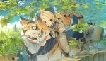  blonde_hair blue_eyes highres izumi_luna_(akitsu_taira) leaf long_hair original riding skirt solo thigh-highs thighhighs tiger tree 