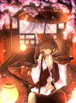  bare_shoulders bow breasts brown_hair cherry_blossoms collarbone flat_chest hair_bow hair_tubes hakurei_reimu highres japanese_clothes jewelry lantern muso-comet necklace no_bra off_shoulder open_clothes oriental_umbrella paper_lantern pearl_necklace petals ponytail sakazuki sake smile solo touhou umbrella 