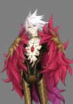  1boy aki⑥ armor cape collar fate/apocrypha fate_(series) fur_trim gem grey_eyes hand_on_hip lancer_of_red solo white_hair 