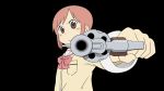  absurdres aiming_at_viewer blush foreshortening frown gun highres left-handed nichijou pistol pov_aiming revolver school_uniform short_hair simple_background solo tachibana_misato vector vector_trace weapon 