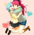  blue_hair hug long_hair mahou_shoujo_madoka_magica miki_sayaka ponytail red_eyes red_hair redhead sakura_kyouko school_uniform short_hair tamagogogo wink yuri 