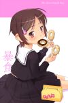  brown_hair copyright_request doughnut footwear hair_ornament hairclip looking_back meow_(nekodenki) red_eyes school_uniform serafuku seven_deadly_sins socks solo translated 