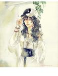  black_hair breasts cleavage coat copyright_request face green_eyes hat jewelry lips long_hair long_sleeves necklace off_shoulder phong_anh ring solo star themed_object traditional_media watercolor_(medium) yin_yang 