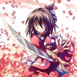  belt blue_eyes bow brown_hair dress frown hair_ribbon lowres neigeblanc original petals pom_pom_(clothes) pom_pom_(clothing) ponytail red red_background red_dress ribbon serious short_hair solo sword vest weapon 