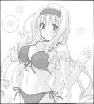  arms_up bare_shoulders bikini blush bracelet breasts cecilia_alcott cleavage front-tie_top himura_kiseki infinite_stratos jewelry large_breasts long_hair looking_at_viewer monochrome navel side-tie_bikini solo spoken_blush swimsuit 