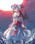  bat_wings broken fence fori from_behind full_moon hat highres light_smile looking_back moon nail_polish red_eyes remilia_scarlet short_hair silver_hair slit_pupils touhou wings wrist_cuffs wristband 