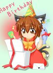  1girl animal_ears blush brown_eyes brown_hair cat_ears cat_tail chen earrings fish gift happy_birthday hat jewelry kokujuuji letter multiple_tails musical_note smile solo tail touhou 