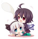  ahoge black_dress black_hair chibi dress ghost grabbing green_dress green_eyes hair_ribbon hitodama houjuu_nue konpaku_youmu konpaku_youmu_(ghost) lowres multiple_girls open_mouth red_eyes ribbon silver_hair sitting sitting_on_person tears touhou wings yukiusagi_(paretto) 