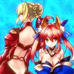  ahoge animal_ears blonde_hair bow braid breasts caster_(fate/extra) cleavage detached_sleeves fate/extra fate_(series) fox_ears fox_tail green_eyes hair_bow hair_bun hair_ribbon japanese_clothes kin_mokusei pink_hair ribbon saber_extra tail twintails yellow_eyes 